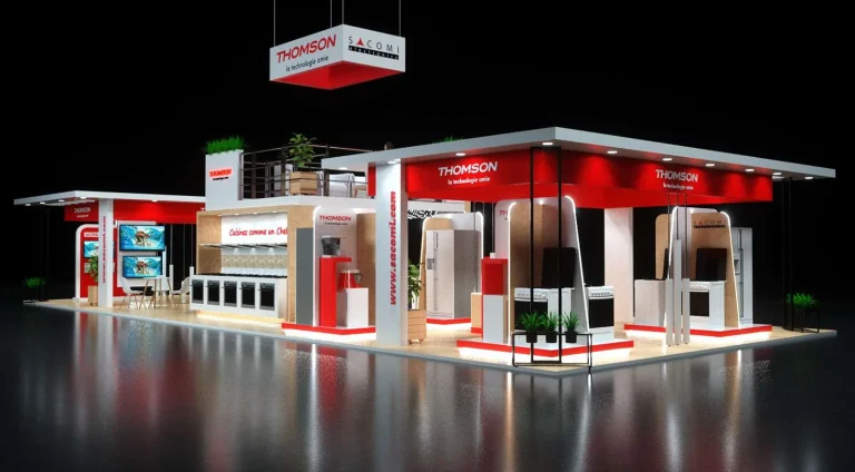 Visuel 3D du stand Thomson Sacomi, rouge et blanc, avec cuisines d’exposition